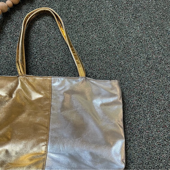 Color-block Shiny Metallic Silver & Gold Medium Large Tote Bag Pockets Laptop - Picture 6 of 16